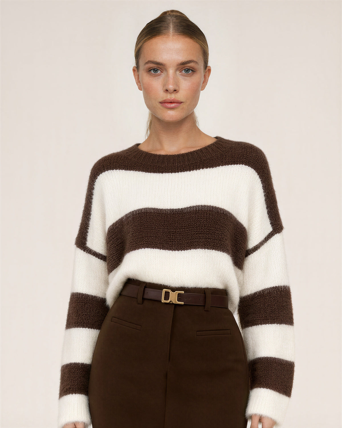Gianna Striped Sweater and Long Pencil Skirt Set, brown ecru, close up above the waist