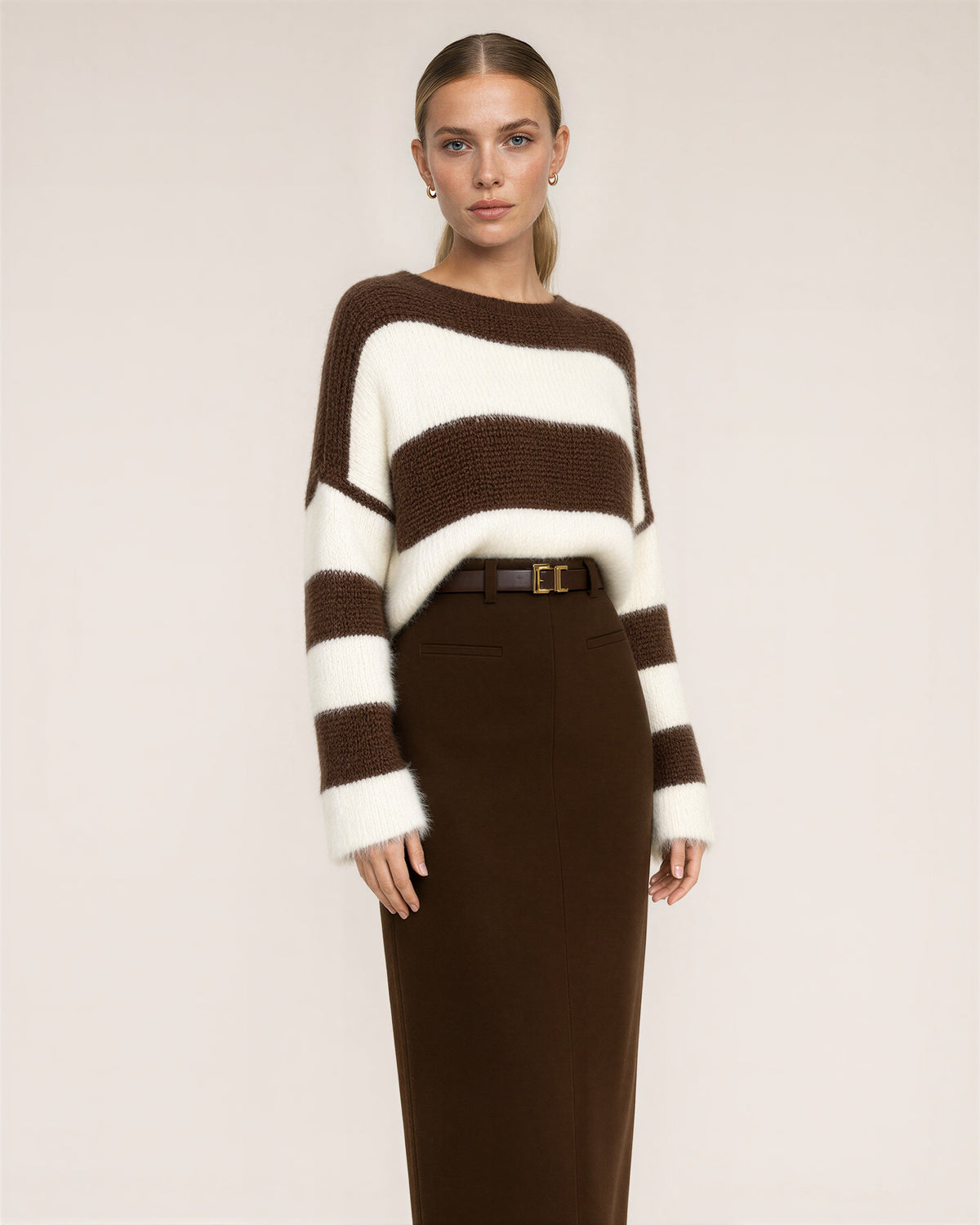 Gianna Striped Sweater and Long Pencil Skirt Set, brown ecru, three quarter view