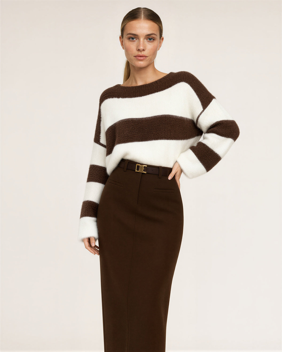 Gianna Striped Sweater and Long Pencil Skirt Set, brown ecru, front, hands on the waist