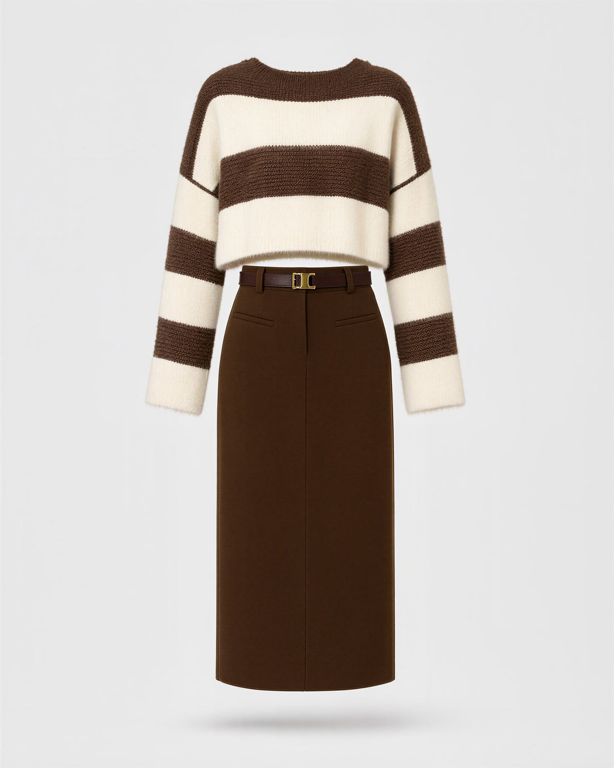 Gianna Striped Sweater and Long Pencil Skirt Set, brown ecru, product view without a model
