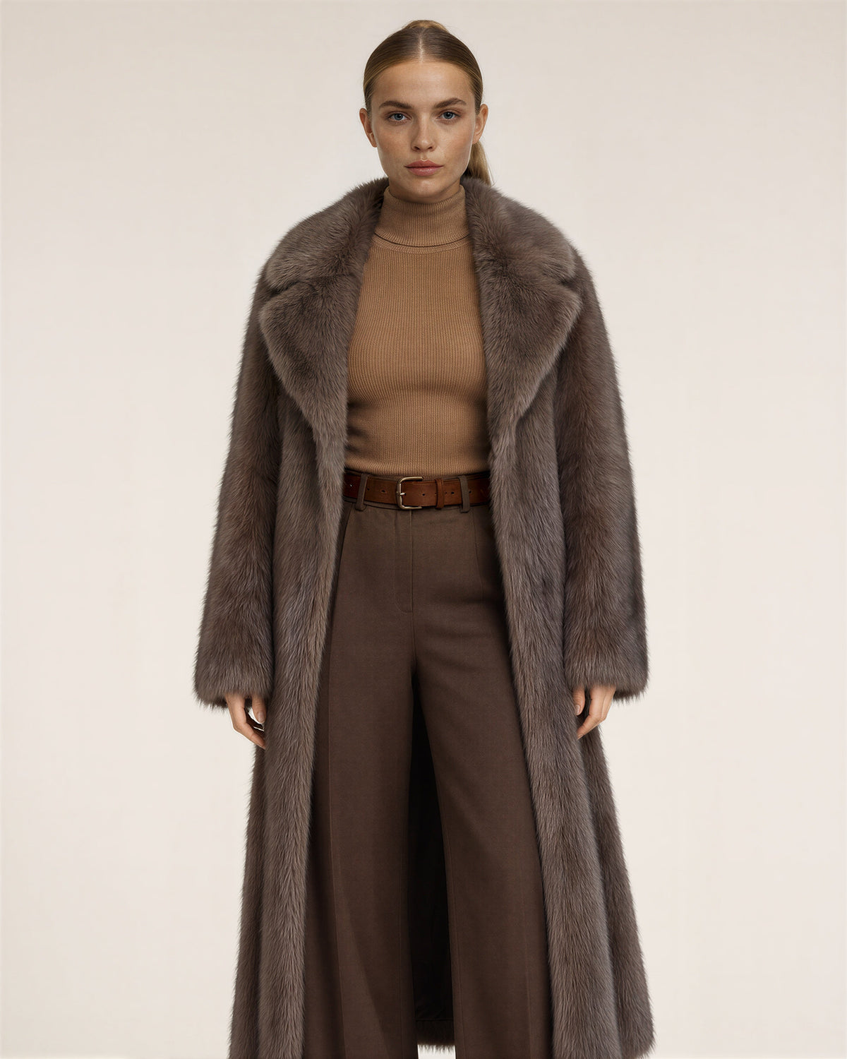 Gilda Jacket Collar Maxi Faux Fur Coat, Mocha, mocha, front view