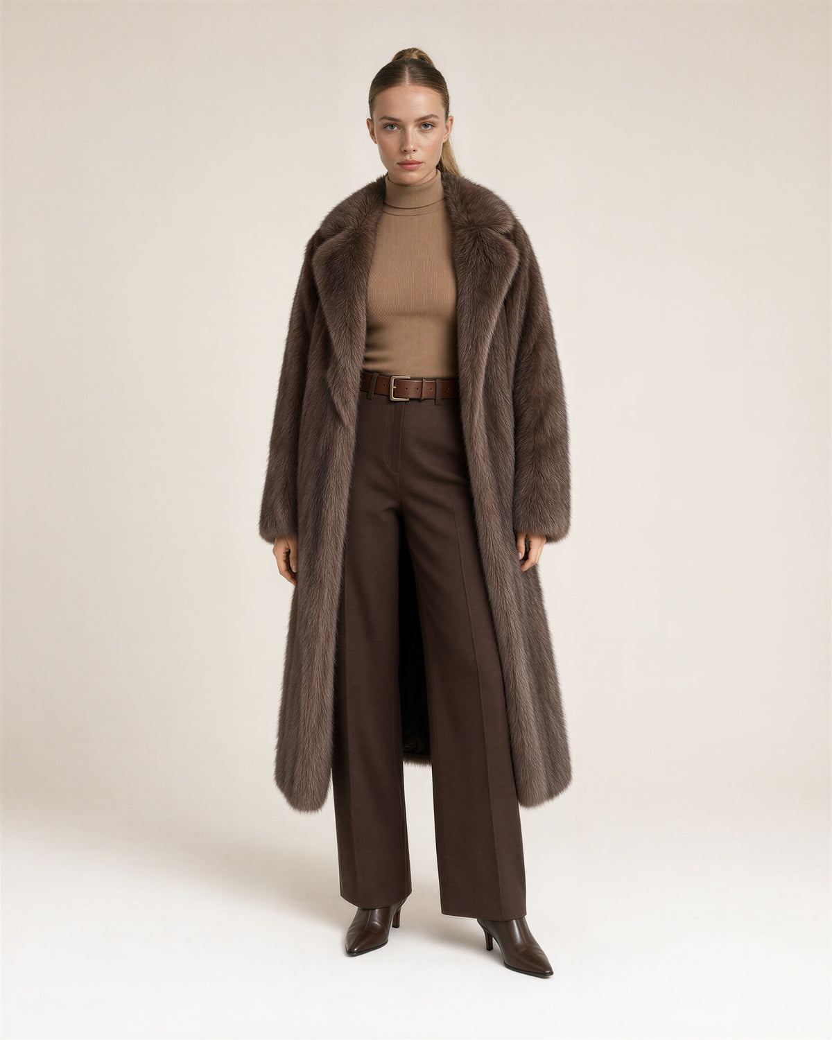 Gilda Jacket Collar Maxi Faux Fur Coat, Mocha, mocha, full length front view