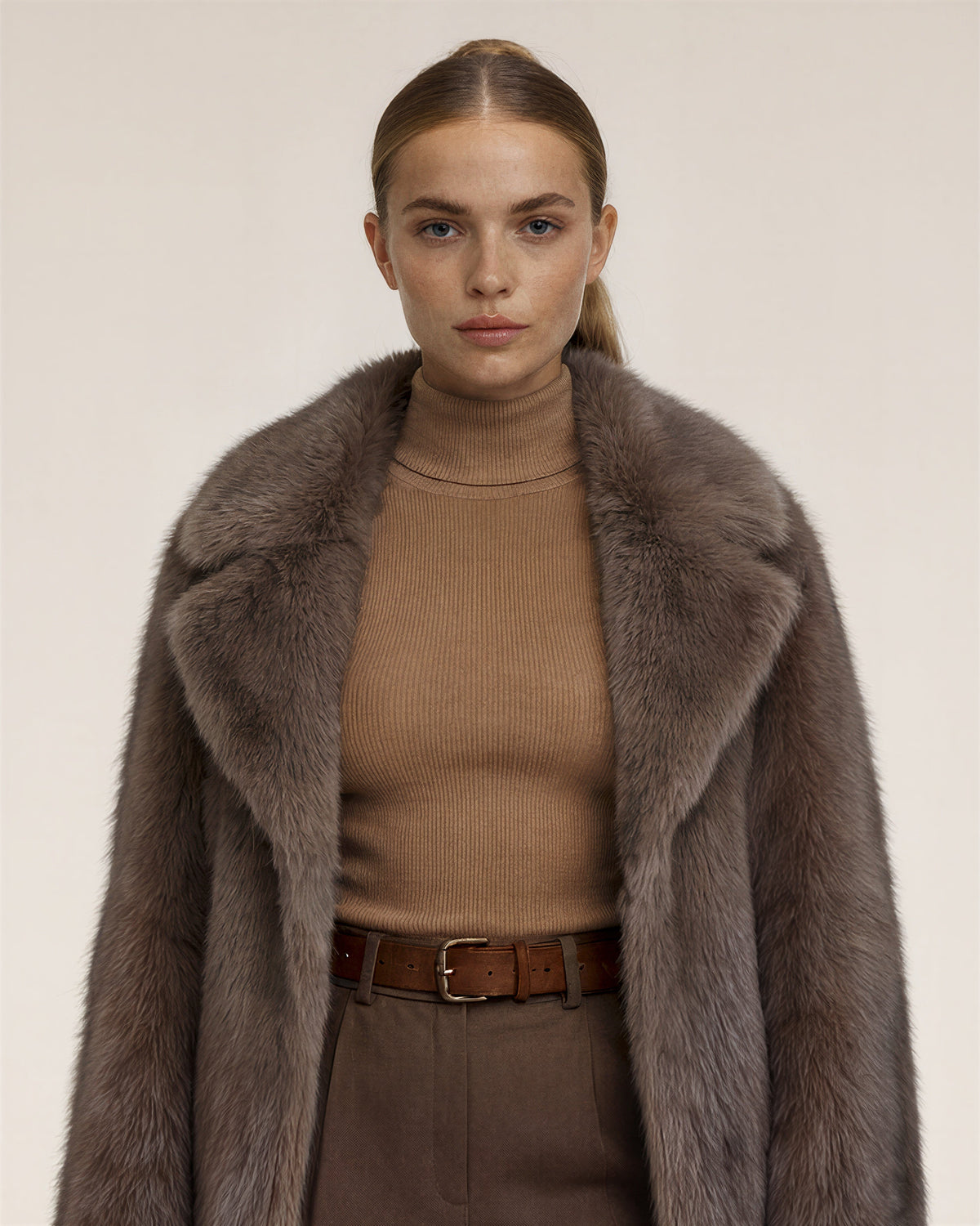 Gilda Jacket Collar Maxi Faux Fur Coat, Mocha, mocha, close up above the waist