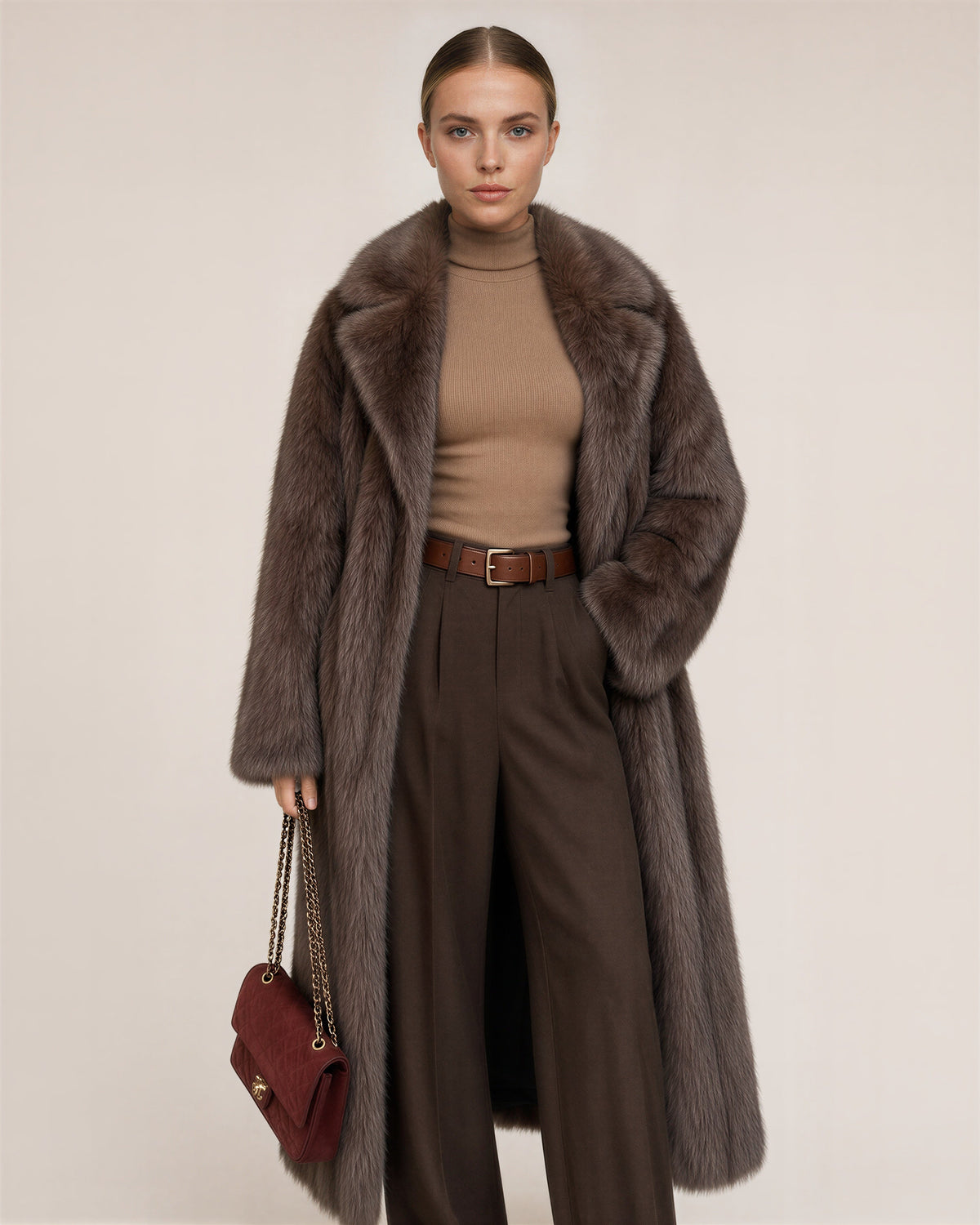 Gilda Jacket Collar Maxi Faux Fur Coat, Mocha, mocha, three quarter view