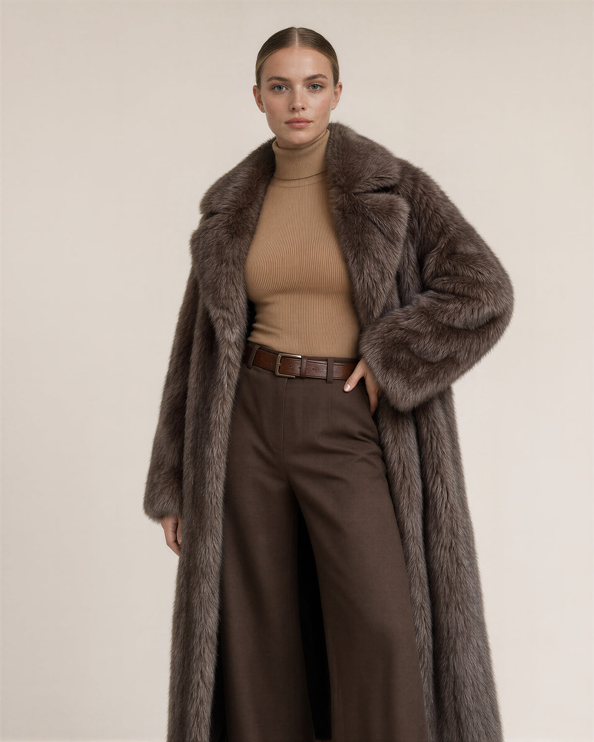 Gilda Jacket Collar Maxi Faux Fur Coat, Mocha, mocha, front, hands on the waist