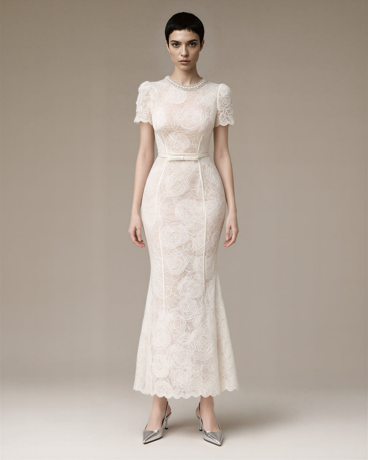 Ginevra Rose Motif Lace Fishtail Maxi Dress, off white, full length front view