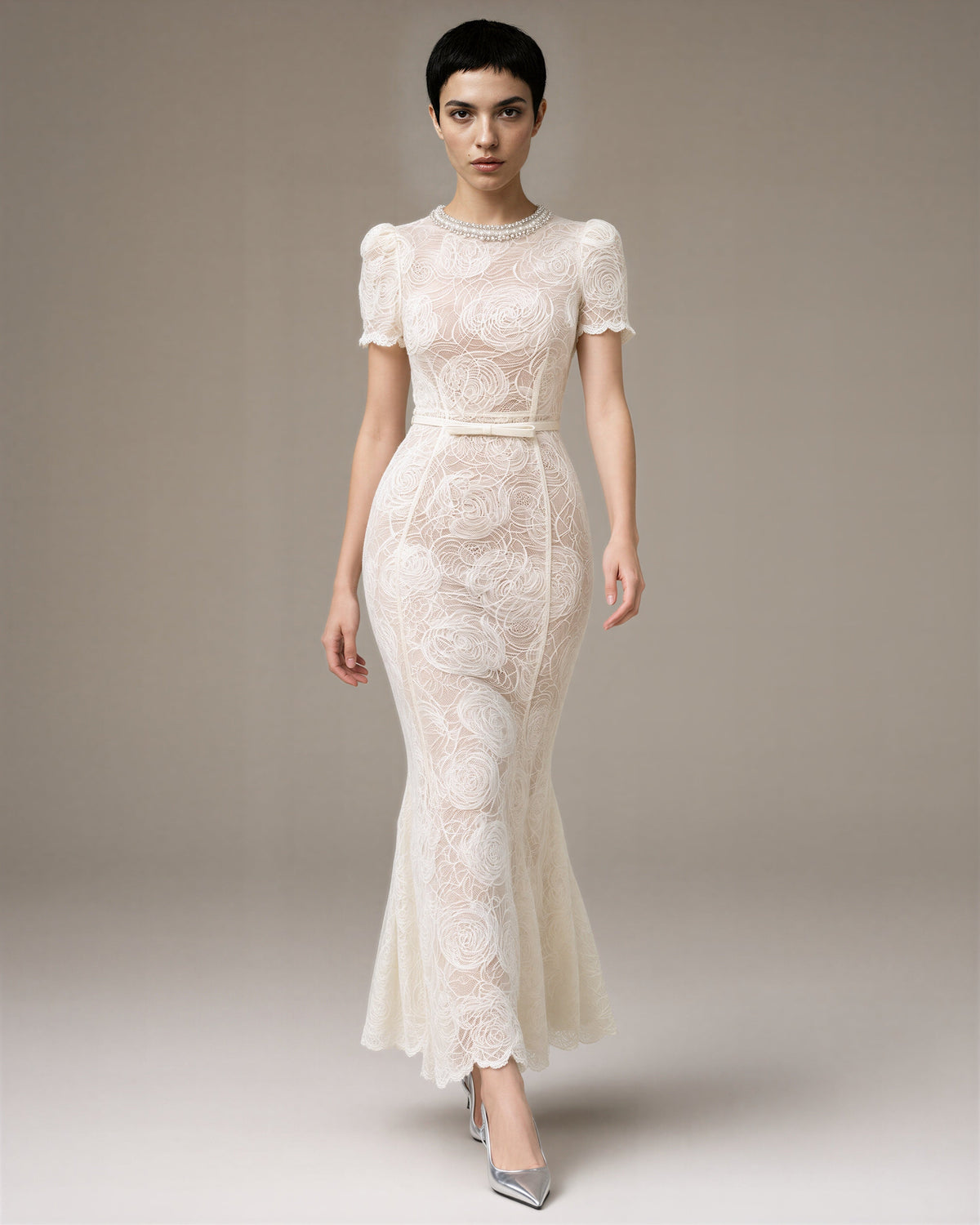 Ginevra Rose Motif Lace Fishtail Maxi Dress, off white, full length walking view