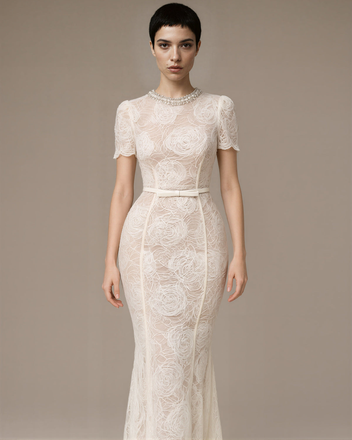 Ginevra Rose Motif Lace Fishtail Maxi Dress, off white, front view