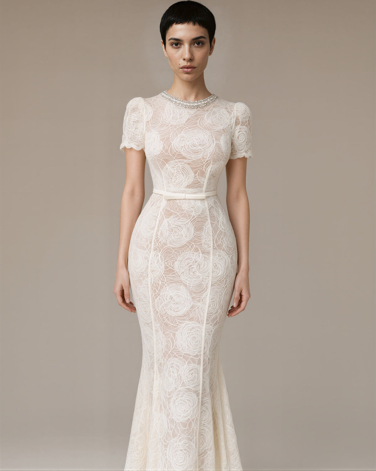 Ginevra Rose Motif Lace Fishtail Maxi Dress, off white, three quarter view