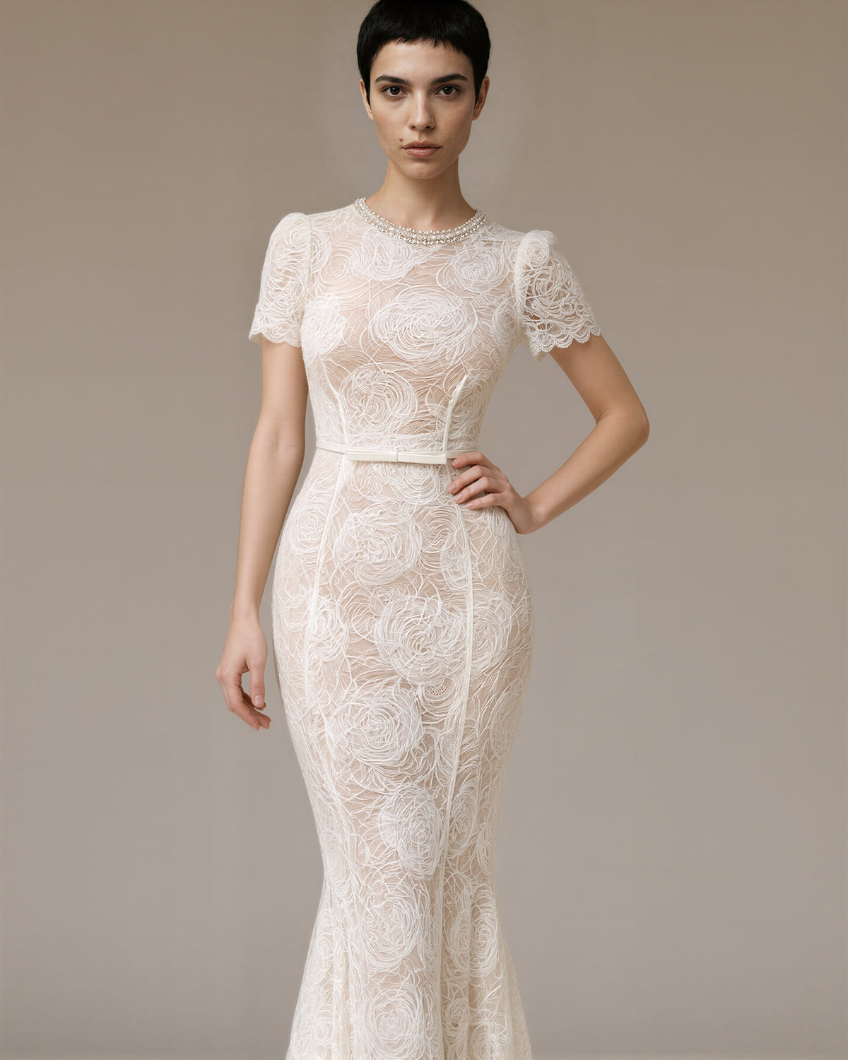 Ginevra Rose Motif Lace Fishtail Maxi Dress, off white, front, hands on the waist