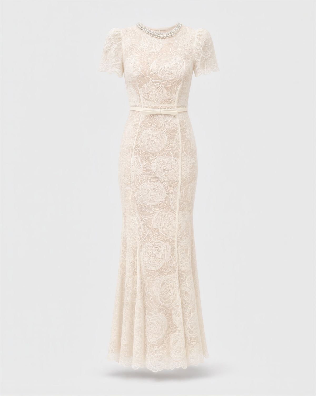 Ginevra Rose Motif Lace Fishtail Maxi Dress, off white, product view without a model