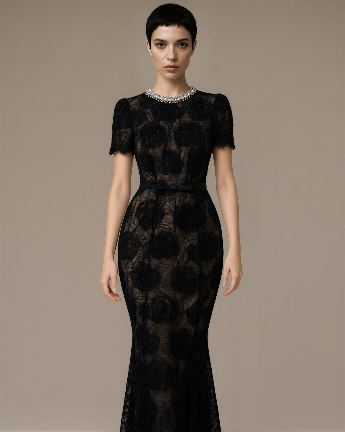 Ginevra Rose Motif Lace Fishtail Maxi Dress, black color option