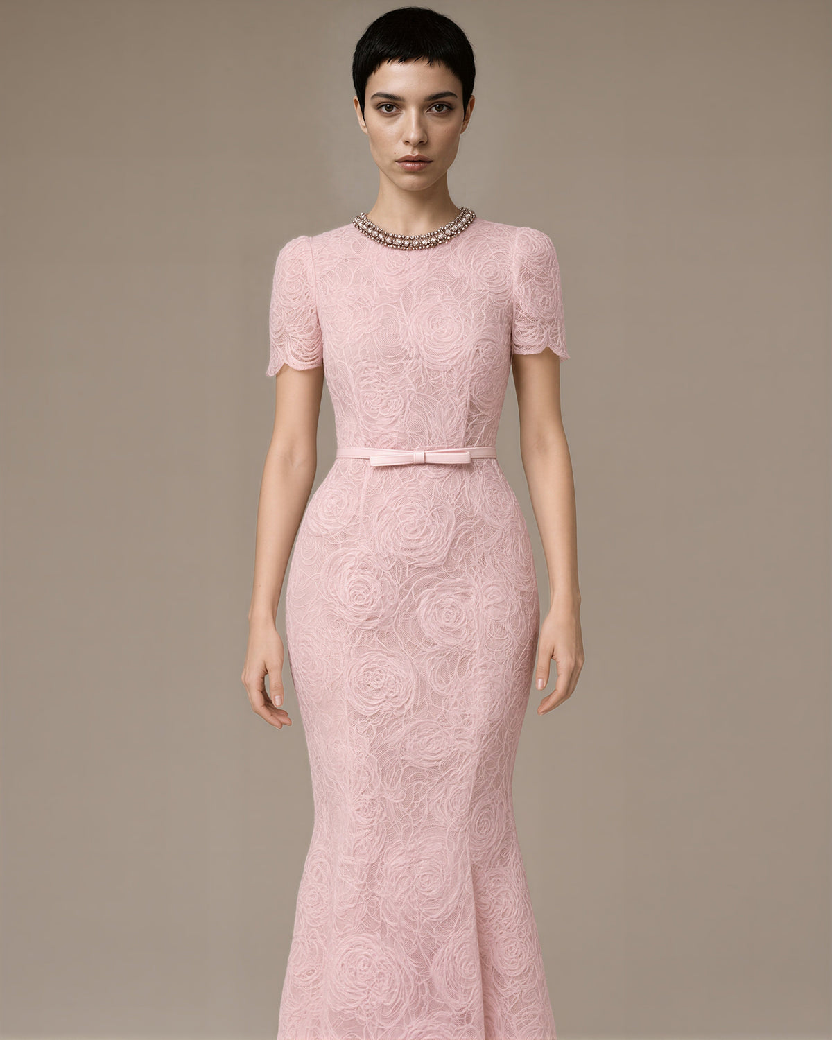 Ginevra Rose Motif Lace Fishtail Maxi Dress, powder pink color option