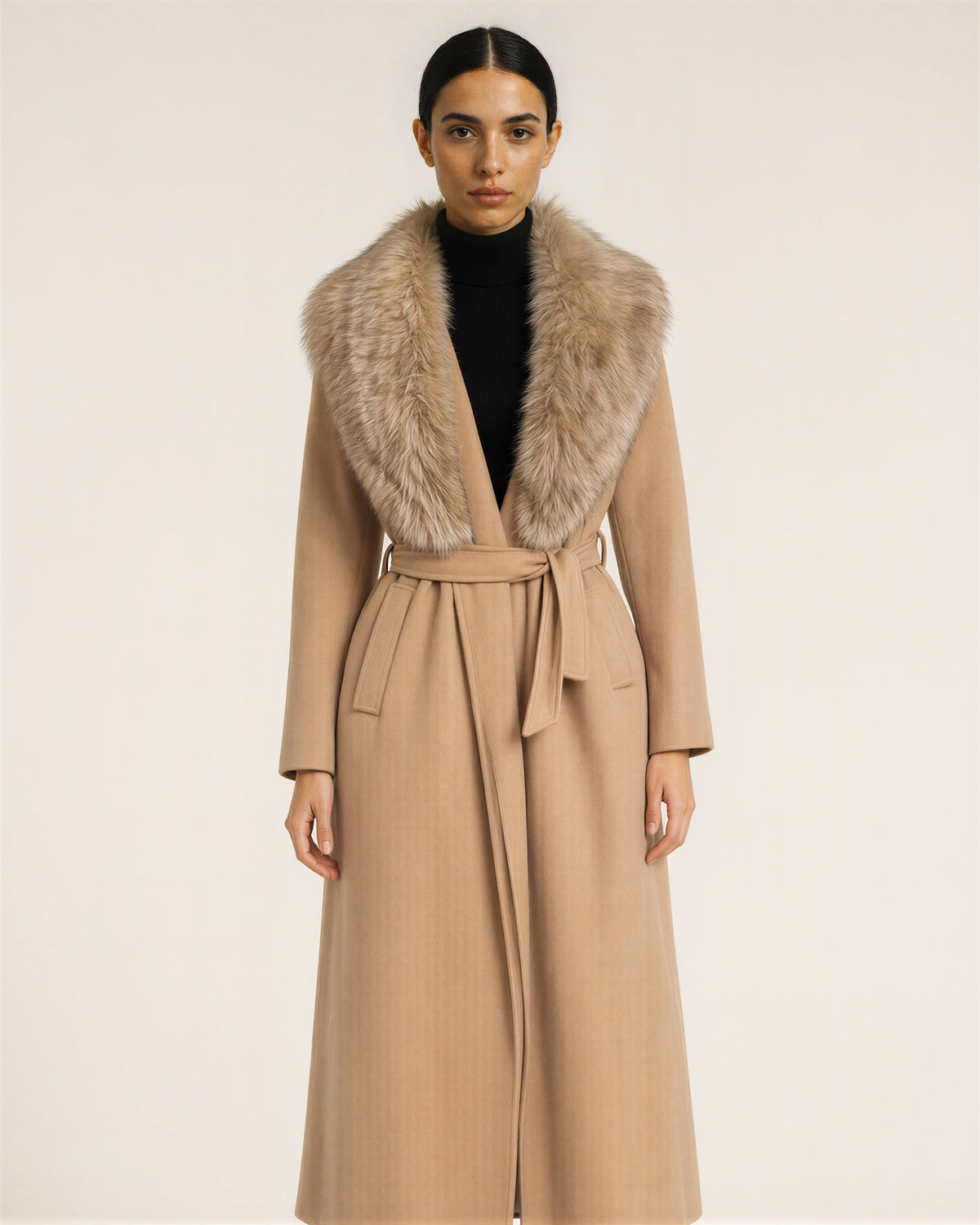 Gioia Faux Fur Collar Tie Belt Long Coat, camel, front view