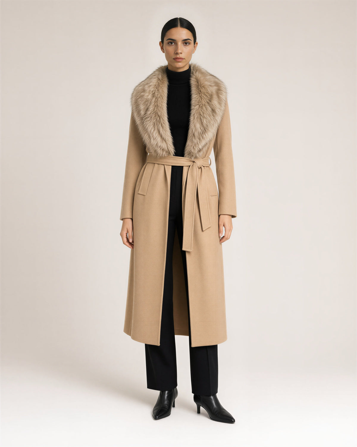 Gioia Faux Fur Collar Tie Belt Long Coat, camel, full length front view