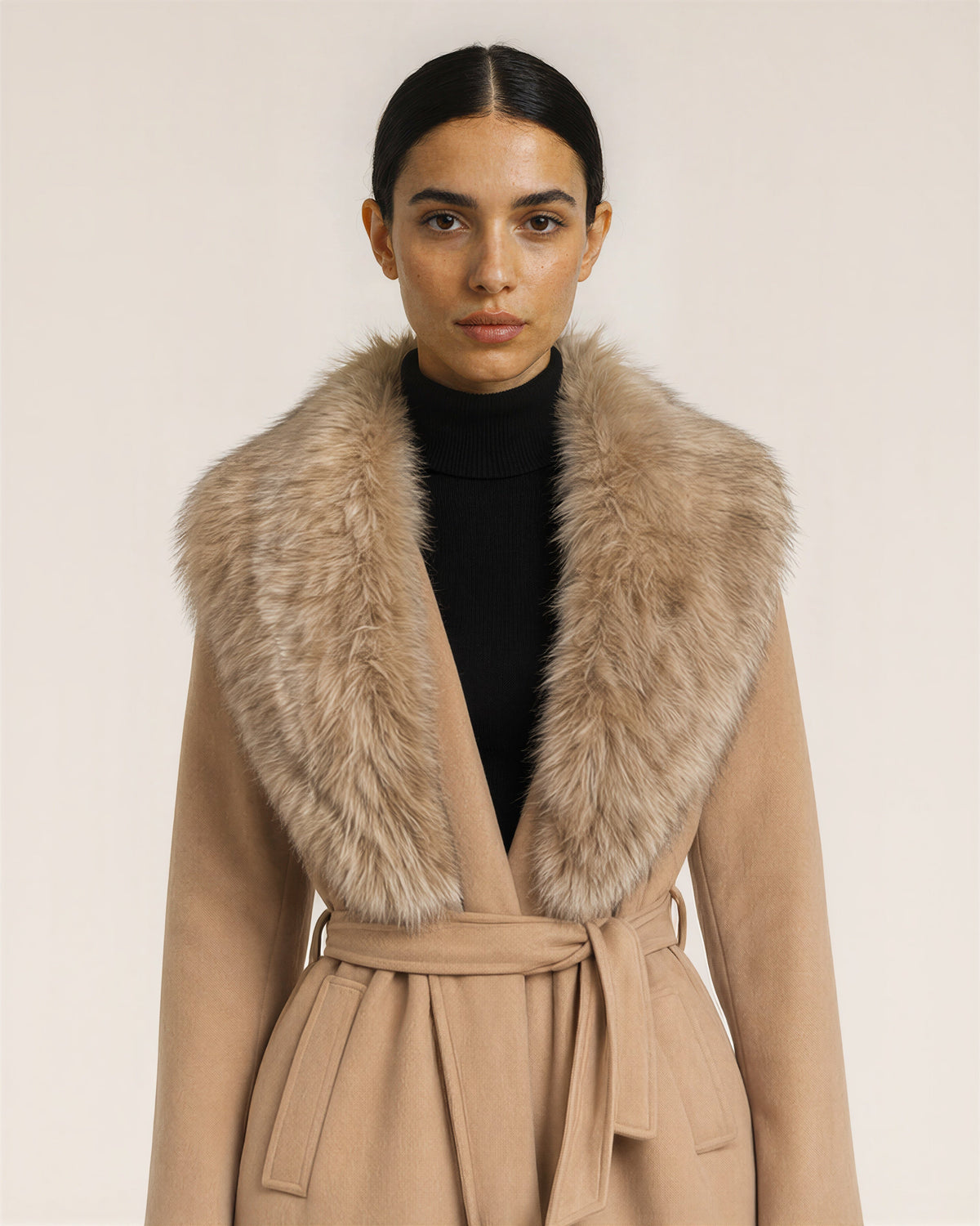 Gioia Faux Fur Collar Tie Belt Long Coat, camel, close up above the waist