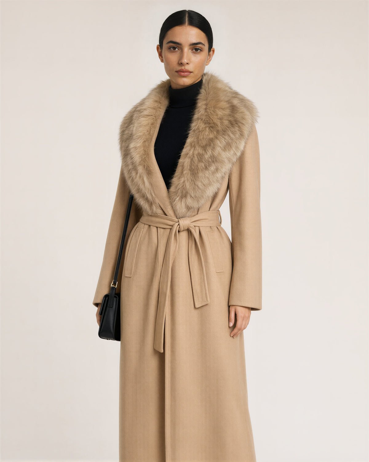 Gioia Faux Fur Collar Tie Belt Long Coat, camel, three quarter view