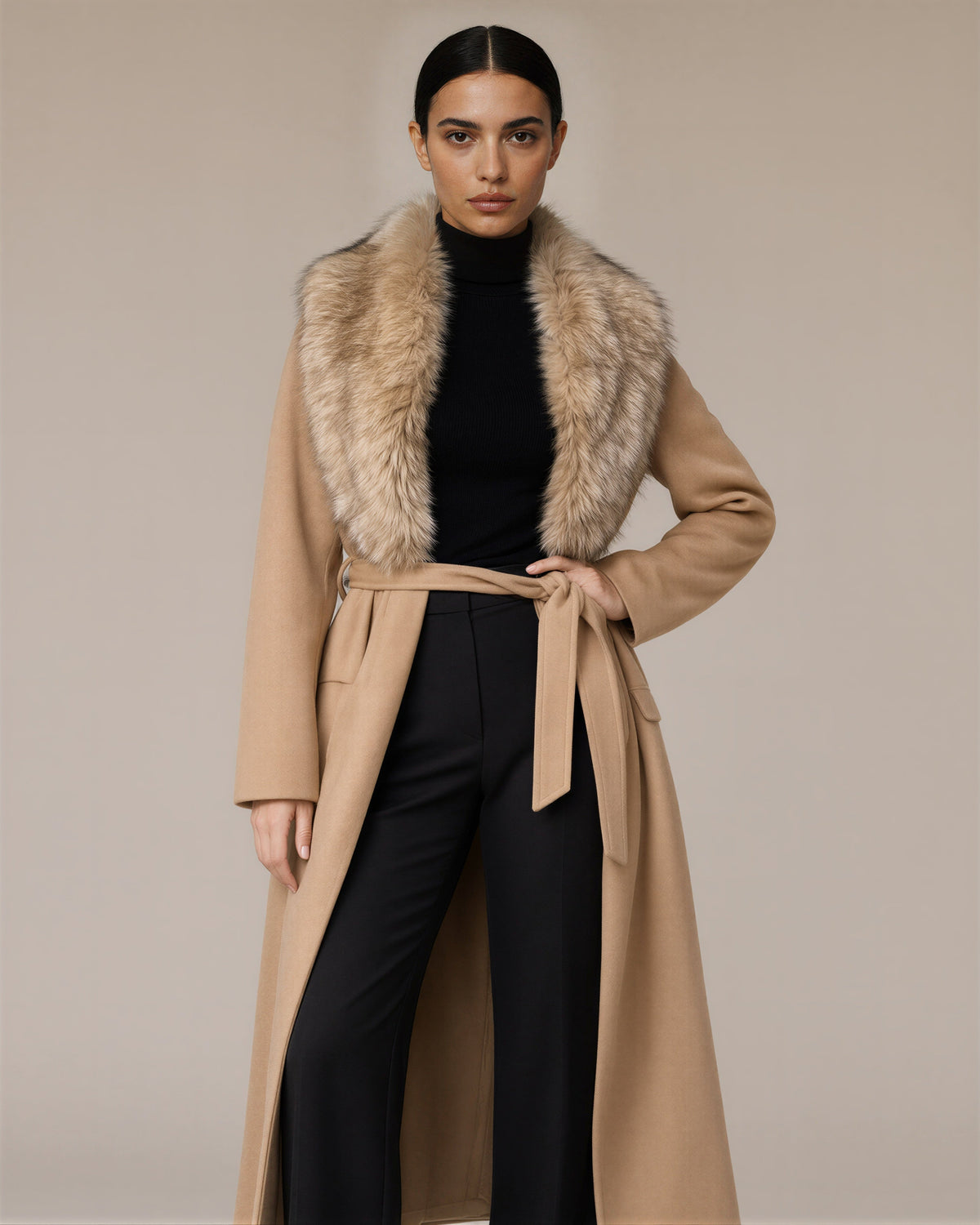 Gioia Faux Fur Collar Tie Belt Long Coat, camel, front, hands on the waist