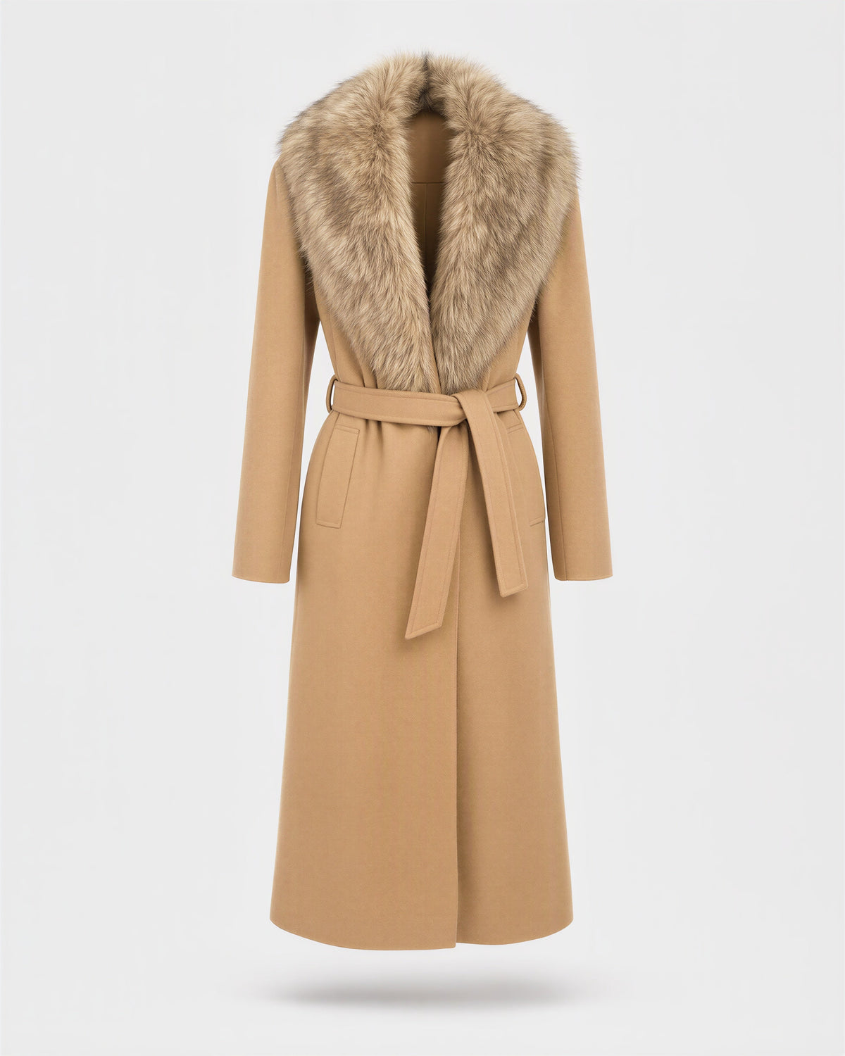 Gioia Faux Fur Collar Tie Belt Long Coat, camel, product view without a model