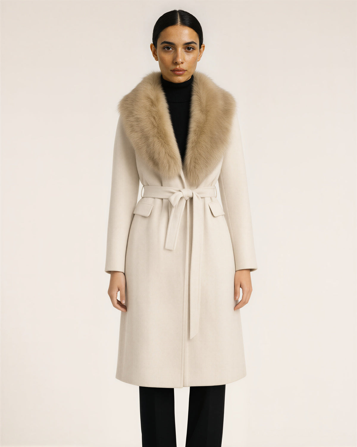 Gioia Faux Fur Collar Tie Belt Long Coat, cream beige color option
