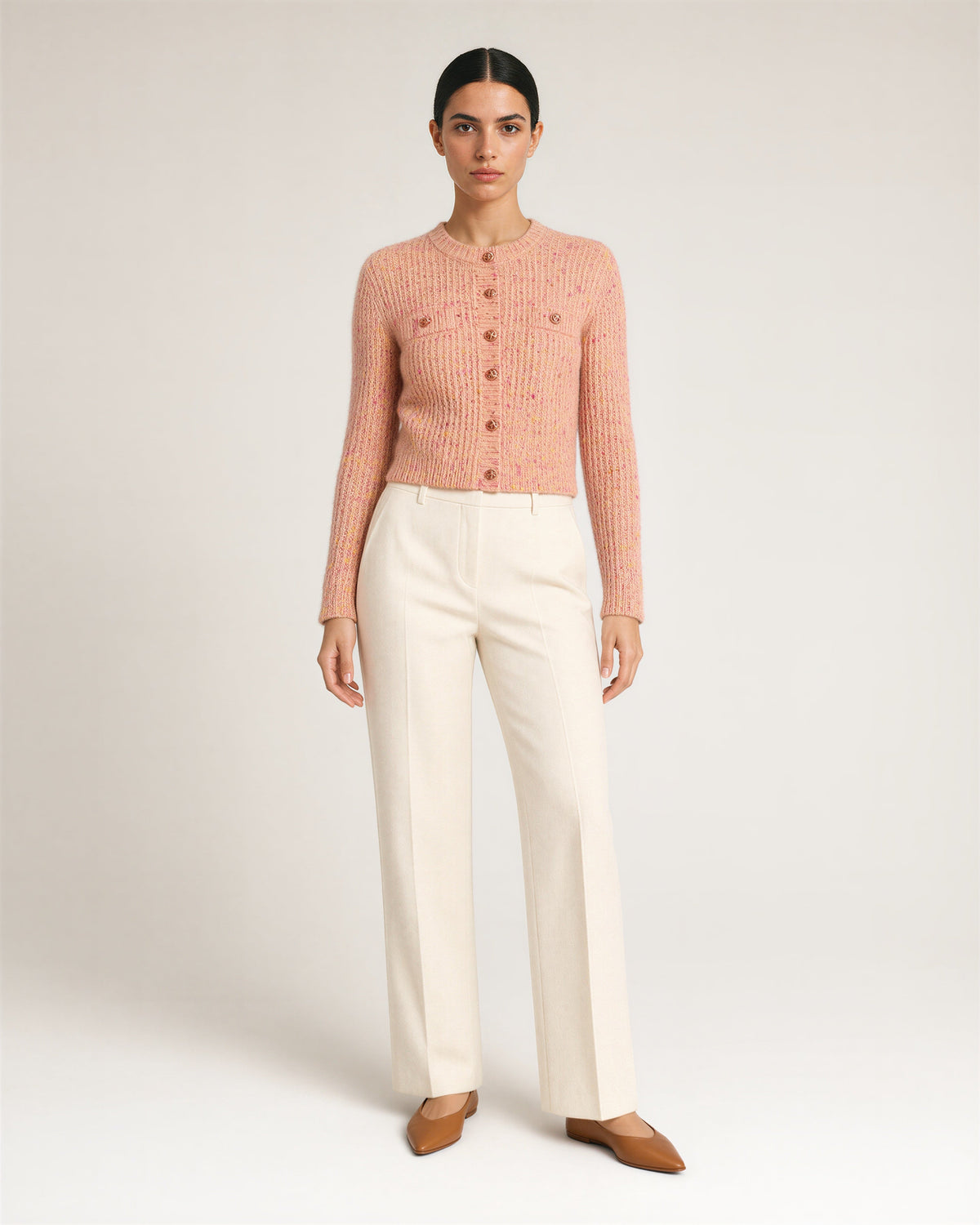 Gisella Speckled Rib Knit Metal Button Cardigan, salmon pink, full length front view