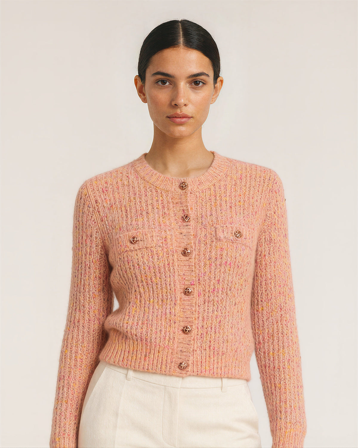 Gisella Speckled Rib Knit Metal Button Cardigan, salmon pink, close up above the waist