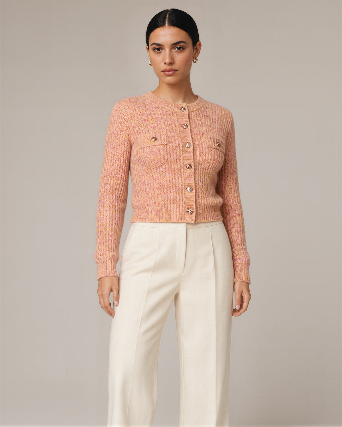 Gisella Speckled Rib Knit Metal Button Cardigan, salmon pink, three quarter view