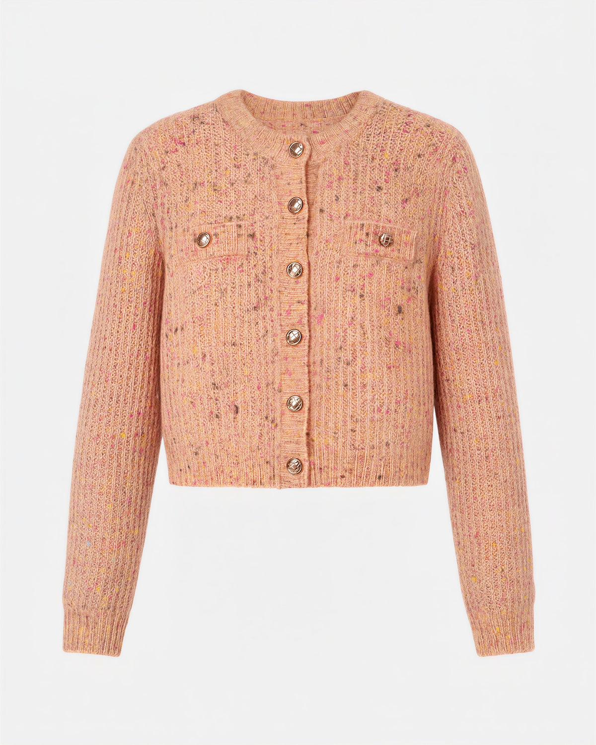 Gisella Speckled Rib Knit Metal Button Cardigan, salmon pink, product view without a model
