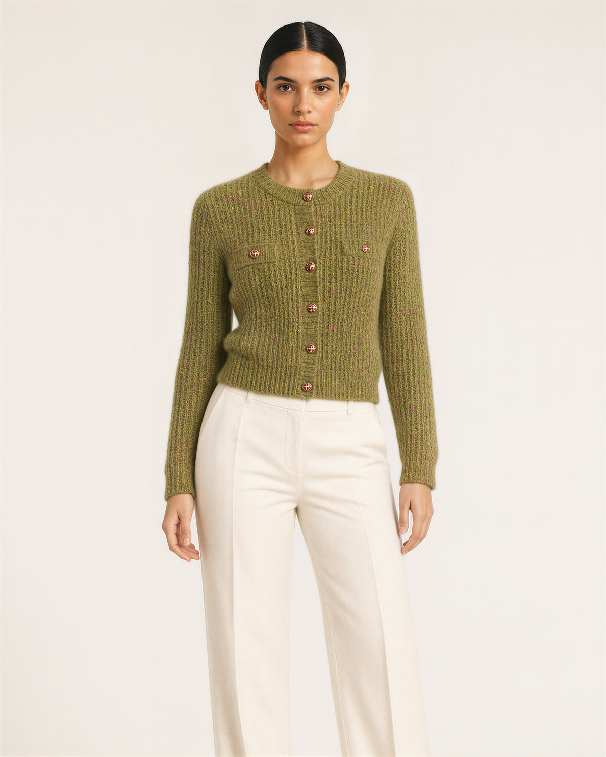 Gisella Speckled Rib Knit Metal Button Cardigan, olive green color option
