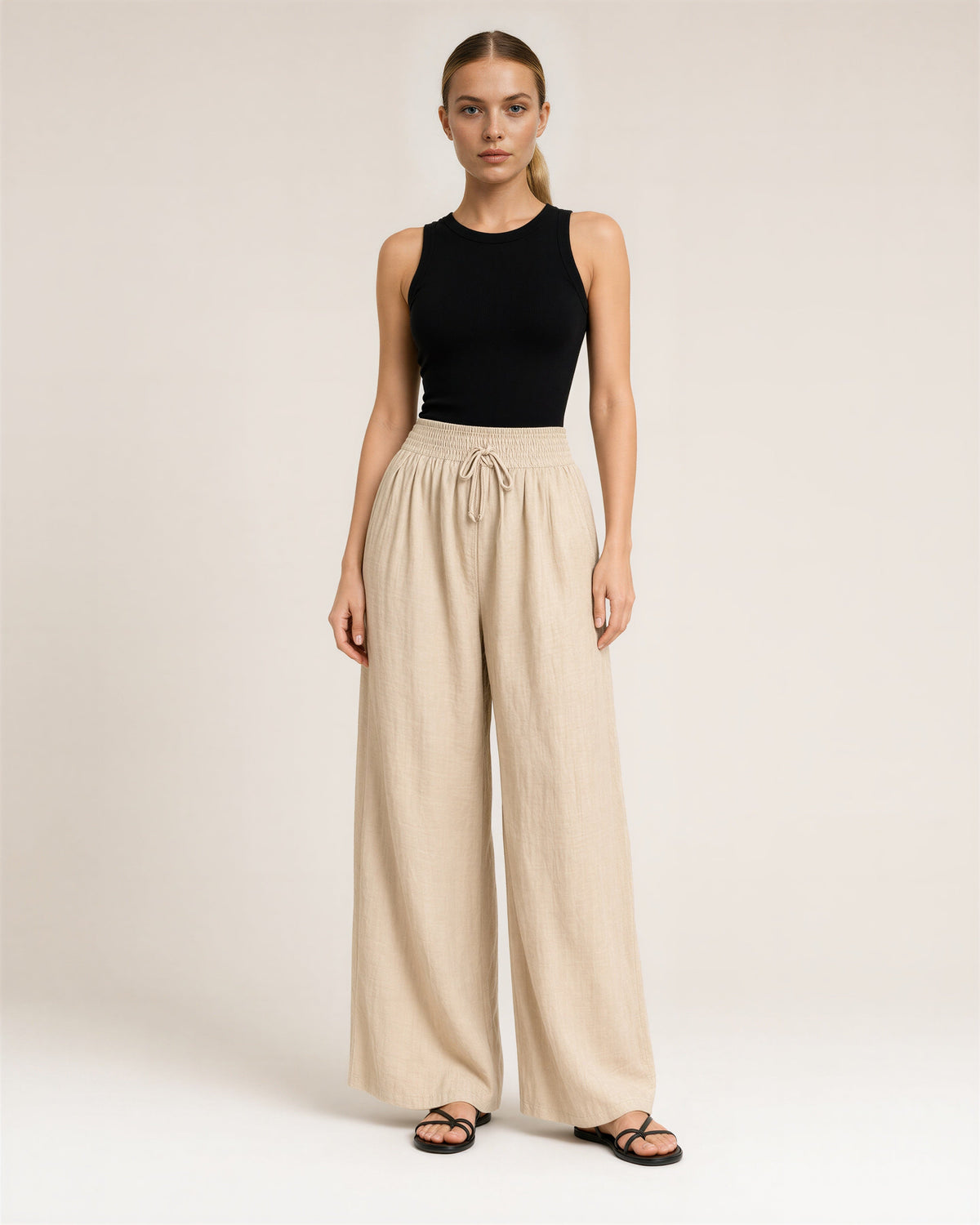 Giulia Linen Look Gathered Wide Leg Trousers, beige, full length front view