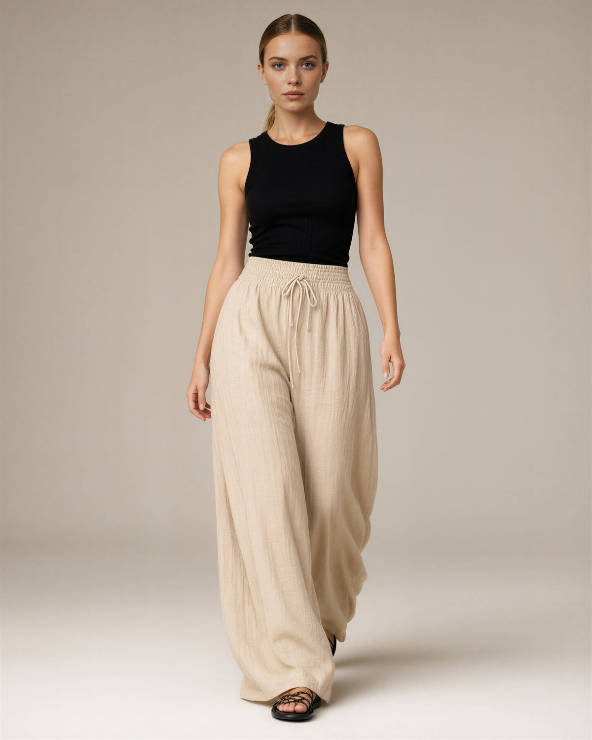 Giulia Linen Look Gathered Wide Leg Trousers, beige, full length walking view
