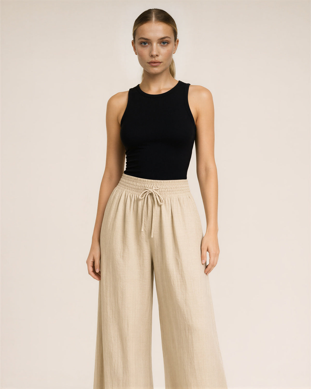 Giulia Linen Look Gathered Wide Leg Trousers, beige, front view
