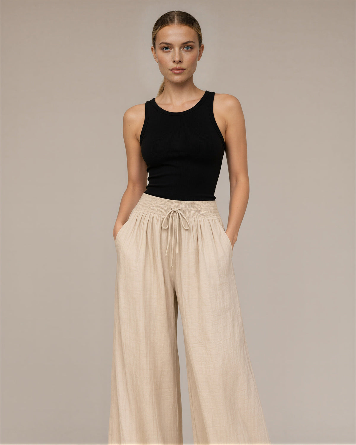 Giulia Linen Look Gathered Wide Leg Trousers, beige, front, hands in pockets