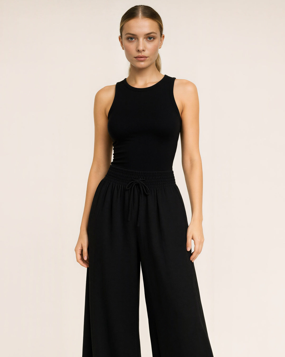 Giulia Linen Look Gathered Wide Leg Trousers, black color option