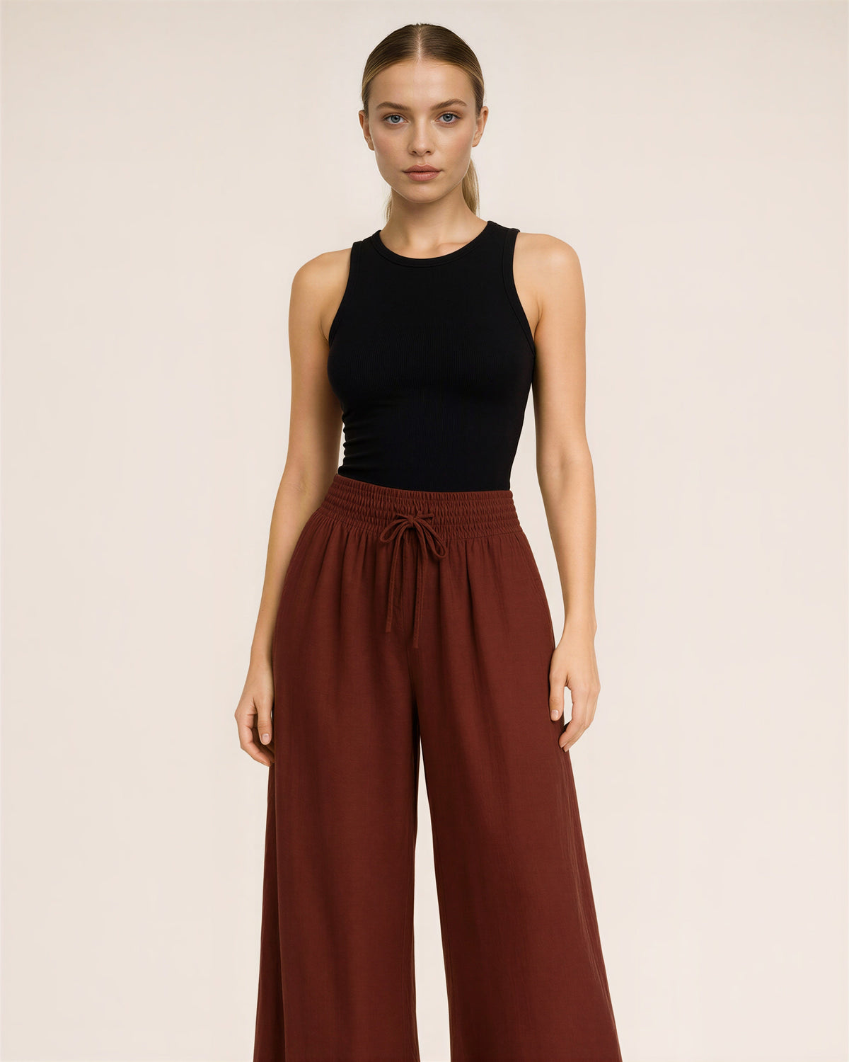 Giulia Linen Look Gathered Wide Leg Trousers, auburn color option