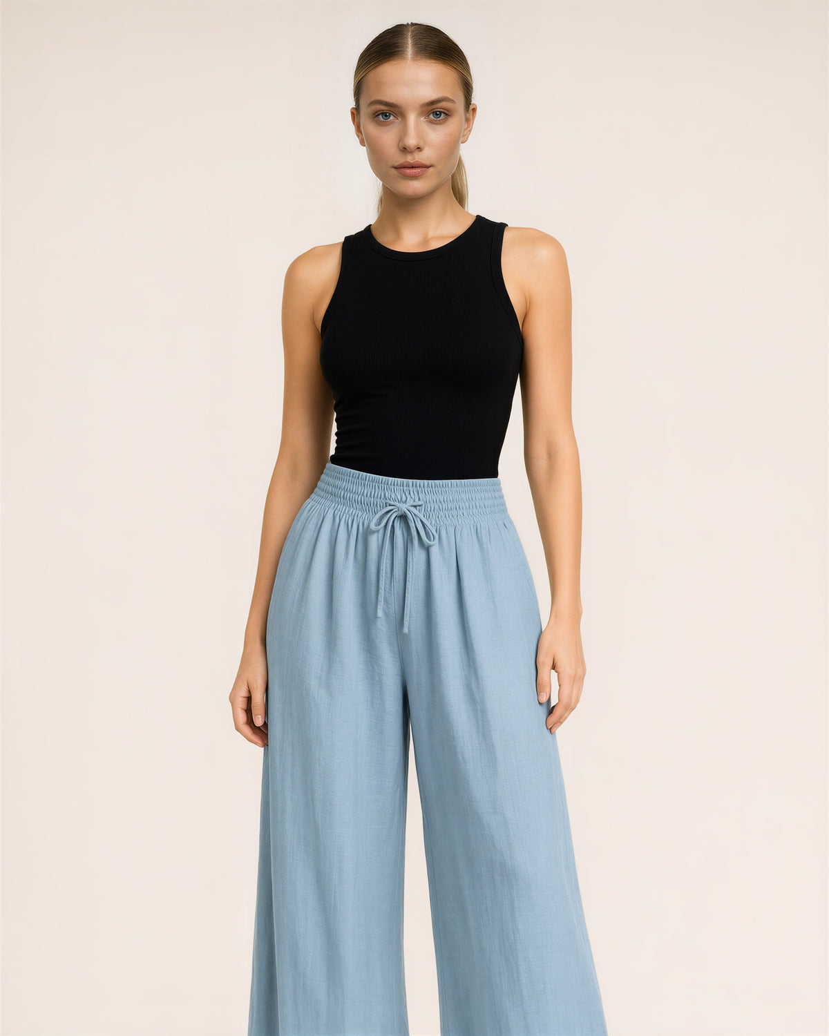 Giulia Linen Look Gathered Wide Leg Trousers, light blue color option