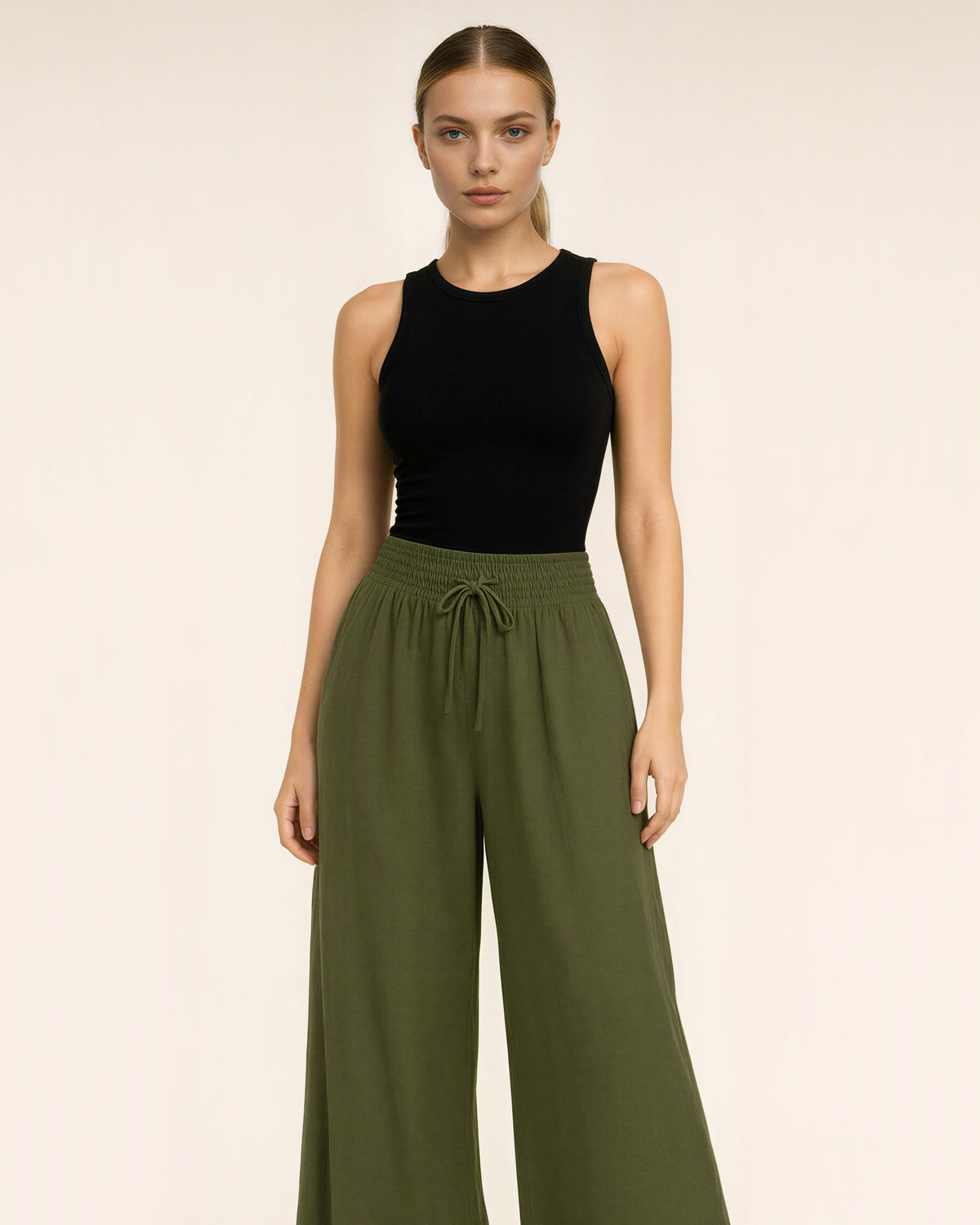 Giulia Linen Look Gathered Wide Leg Trousers, olive green color option
