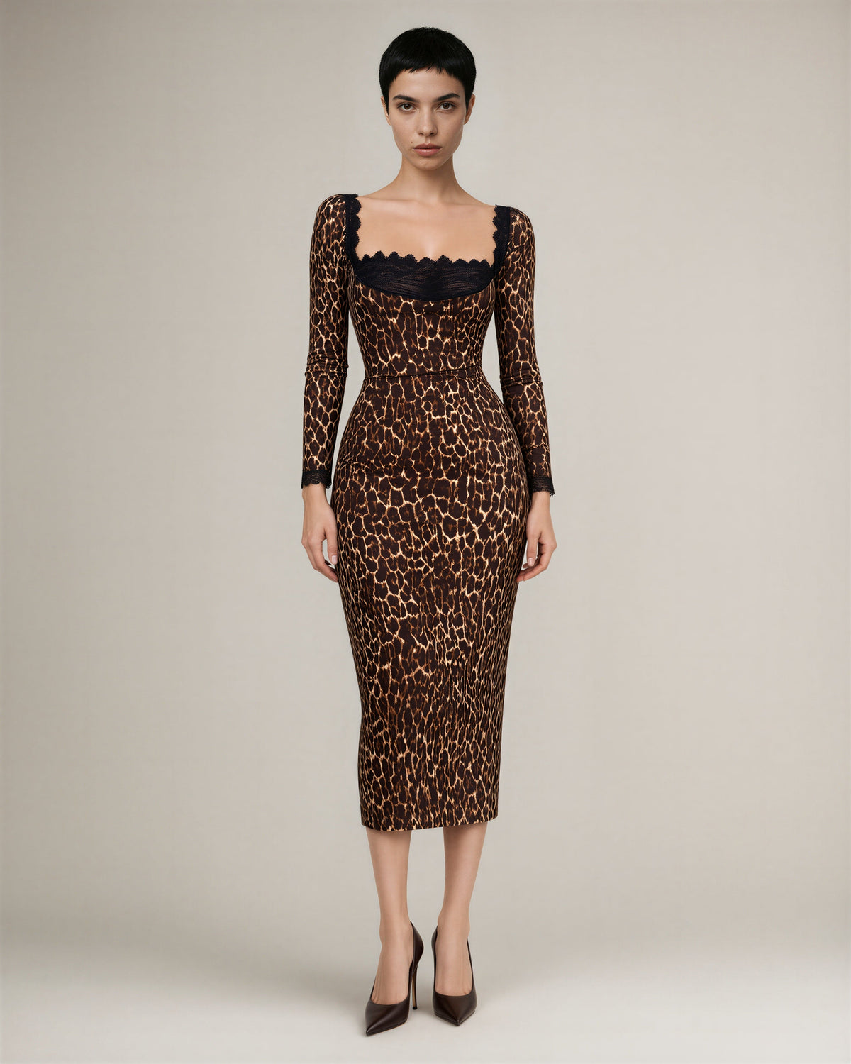 Gloria Leopard Print Lace Neck Midi Dress, leopard, full length front view