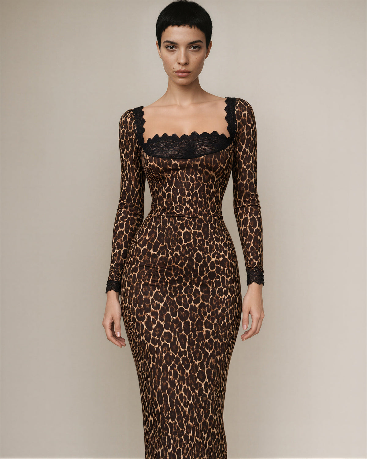 Gloria Leopard Print Lace Neck Midi Dress, leopard, front view