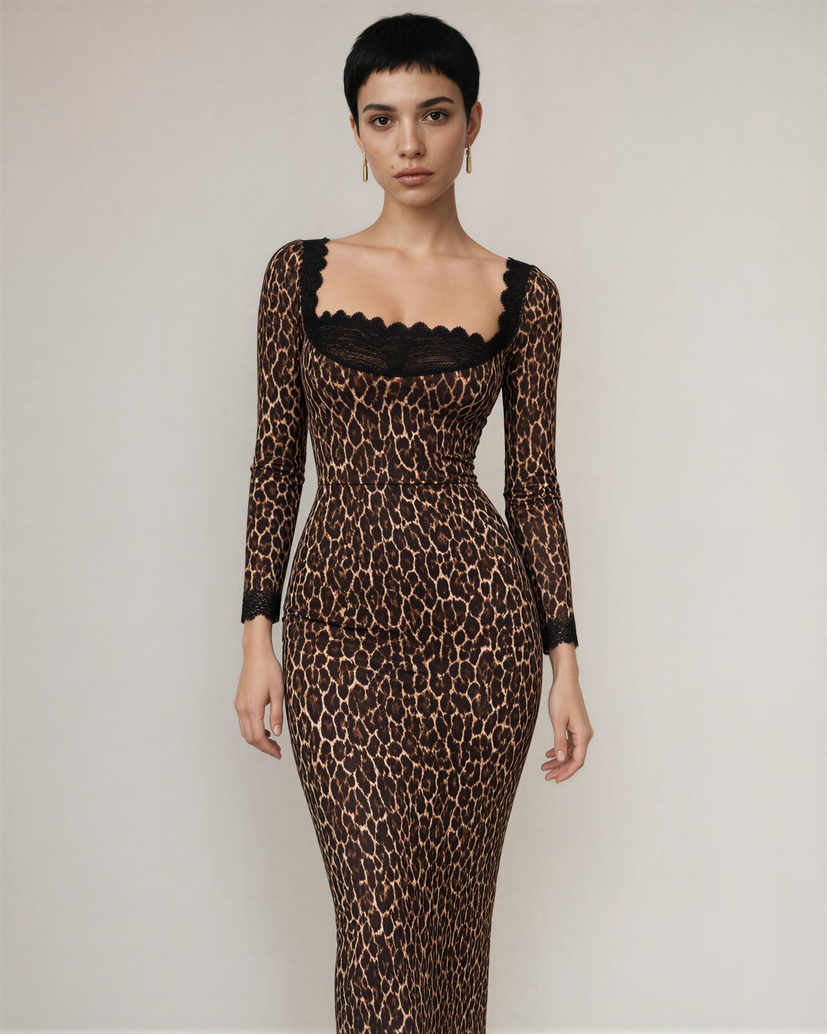 Gloria Leopard Print Lace Neck Midi Dress, leopard, three quarter view