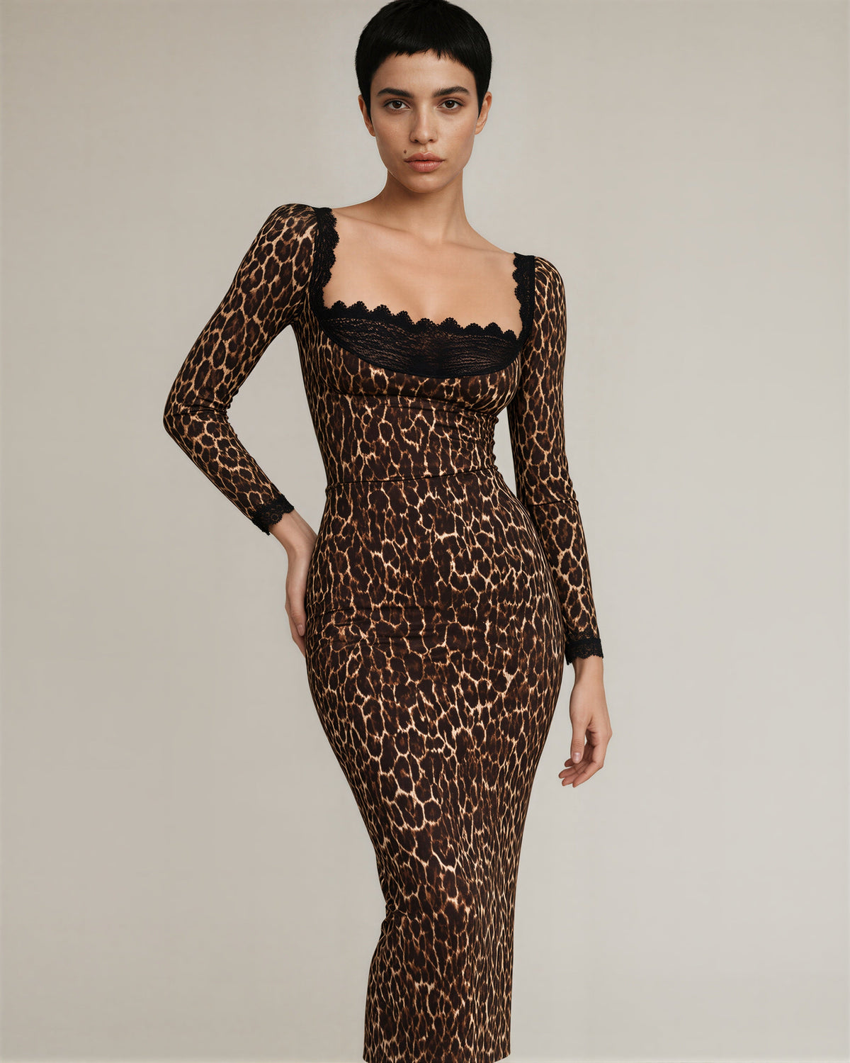 Gloria Leopard Print Lace Neck Midi Dress, leopard, front, hands on the waist