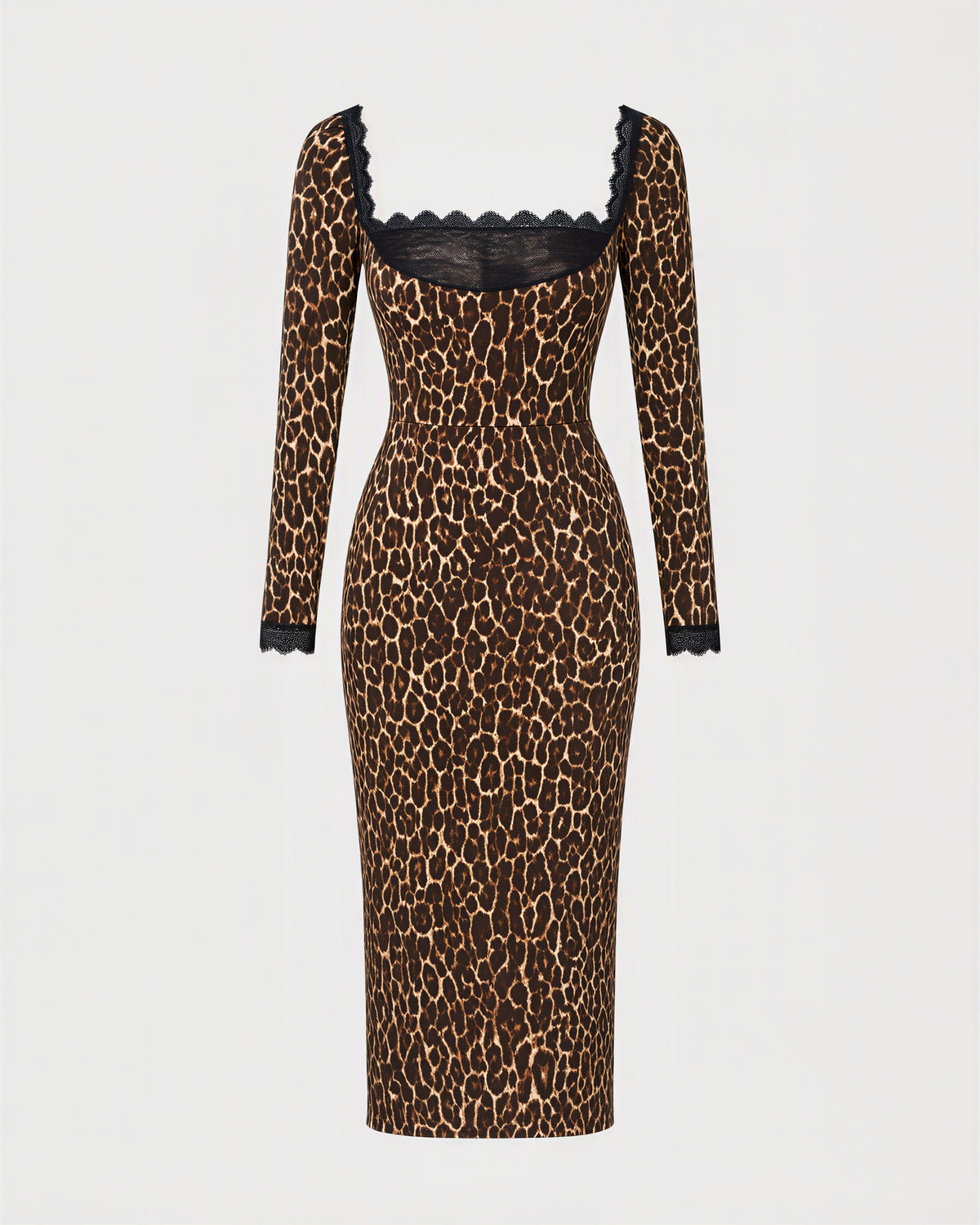 Gloria Leopard Print Lace Neck Midi Dress, leopard, product view without a model