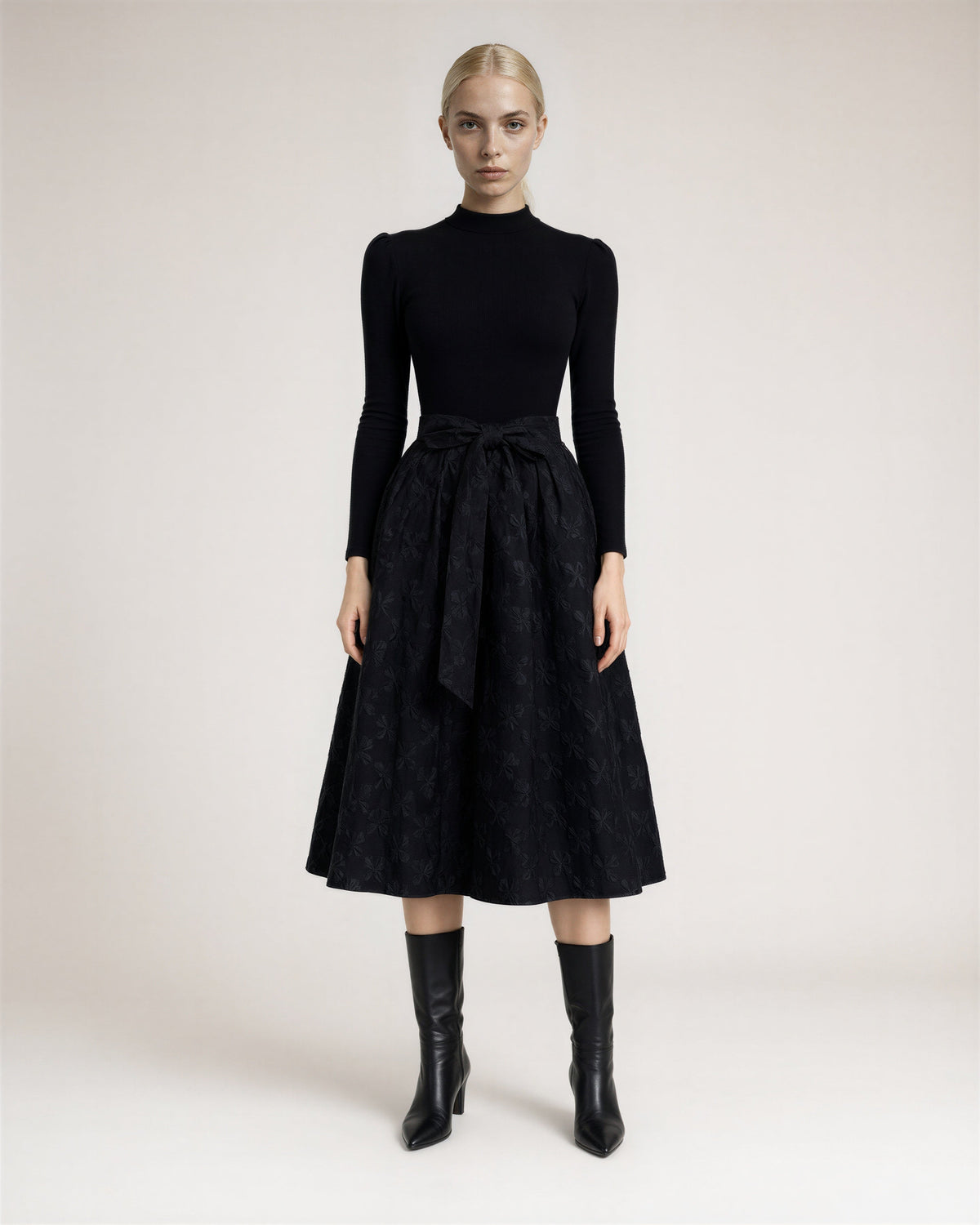 Grazia Knit Bodice Jacquard Tie Belt Midi Dress, black, full length front view