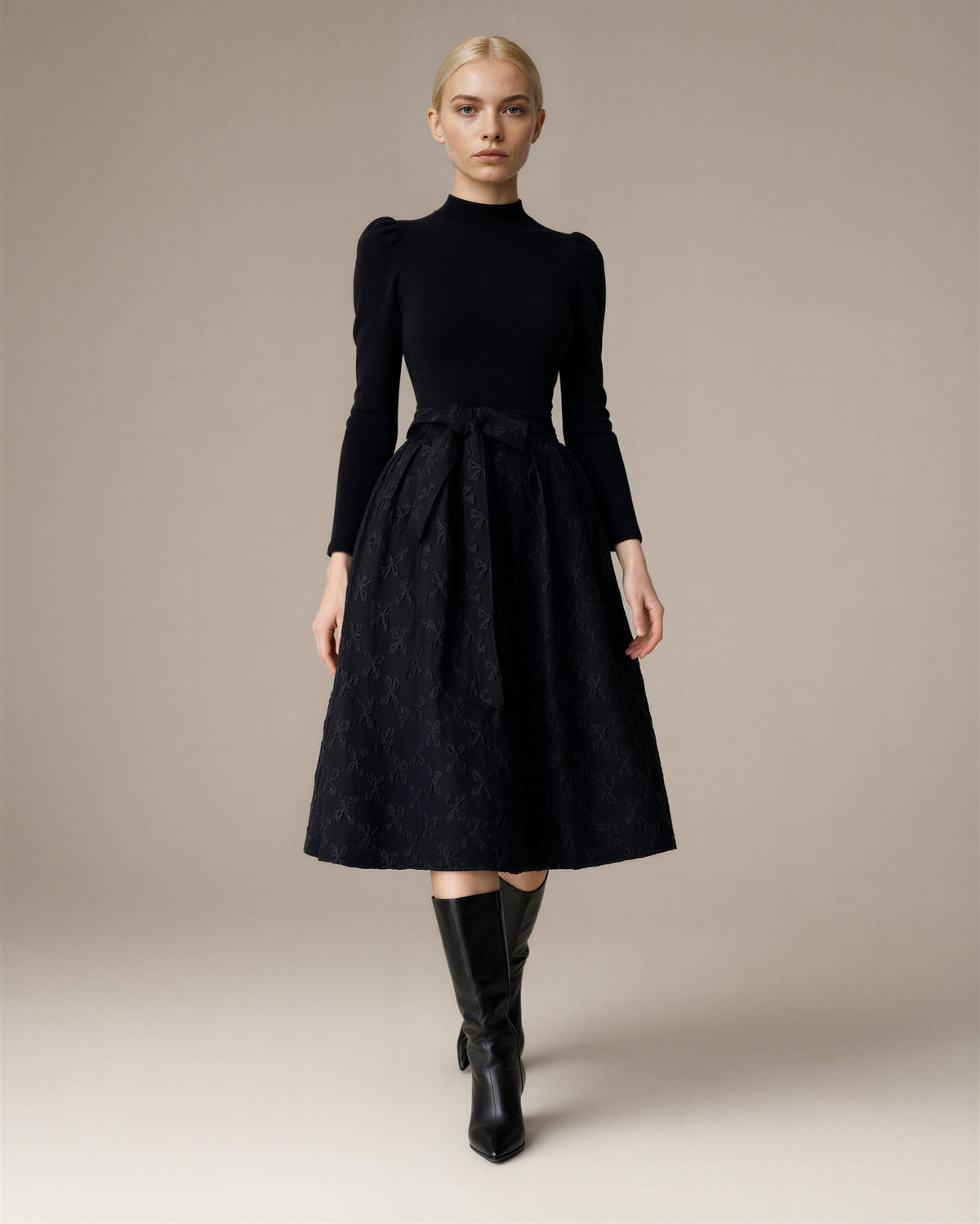 Grazia Knit Bodice Jacquard Tie Belt Midi Dress, black, full length walking view