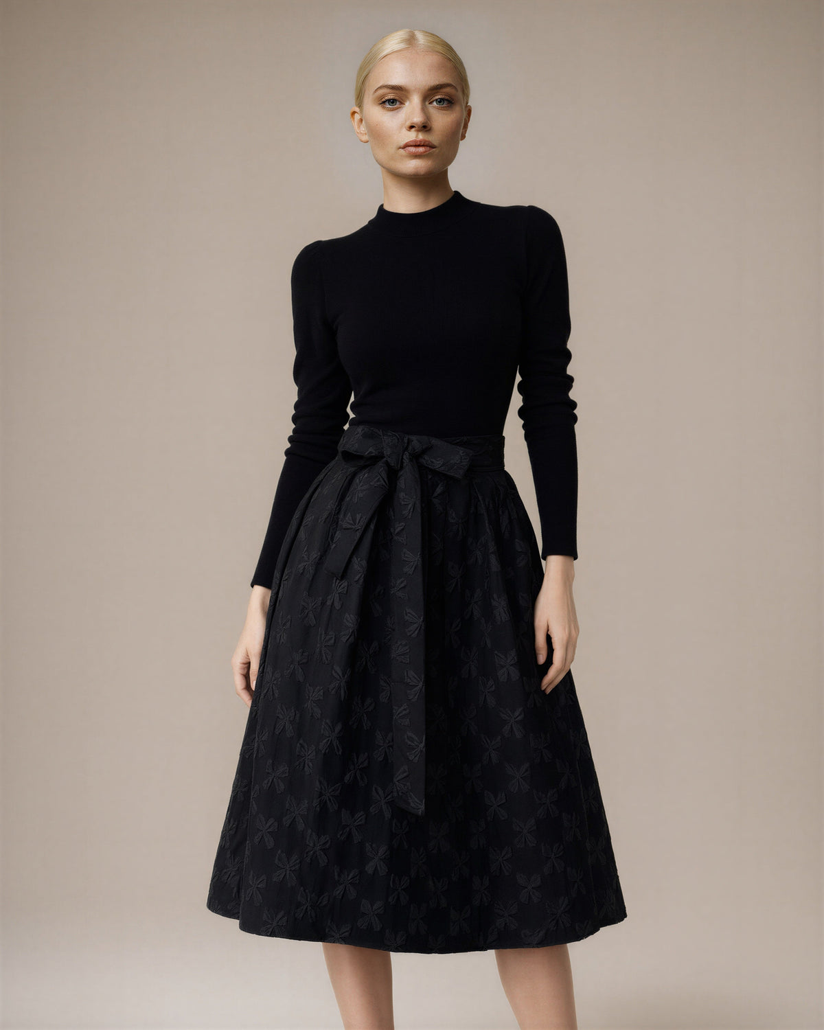Grazia Knit Bodice Jacquard Tie Belt Midi Dress, black, front view