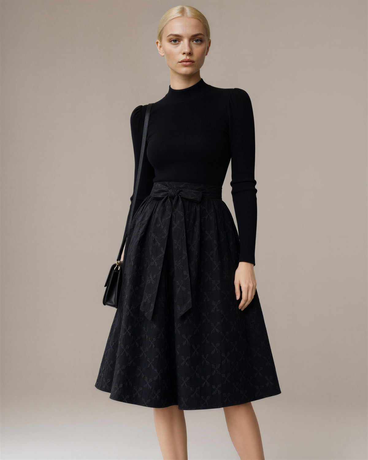 Grazia Knit Bodice Jacquard Tie Belt Midi Dress, black, three quarter view