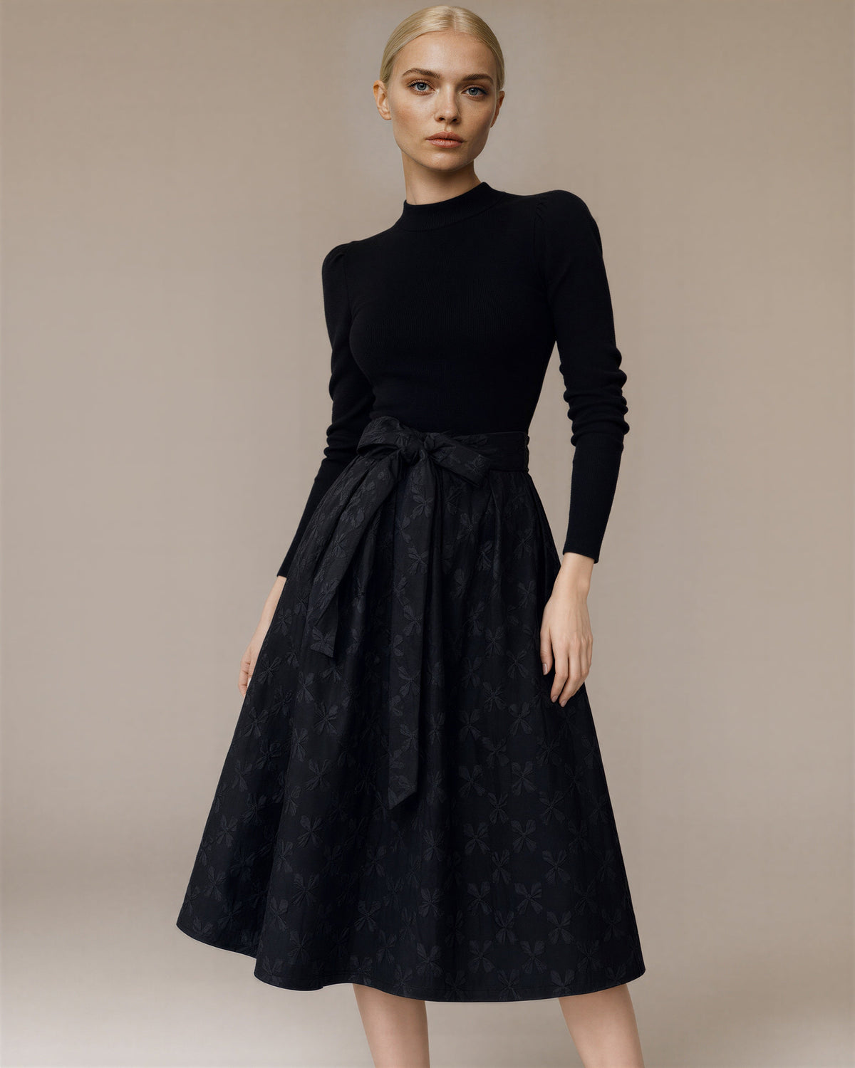 Grazia Knit Bodice Jacquard Tie Belt Midi Dress, black, front, hands on the waist