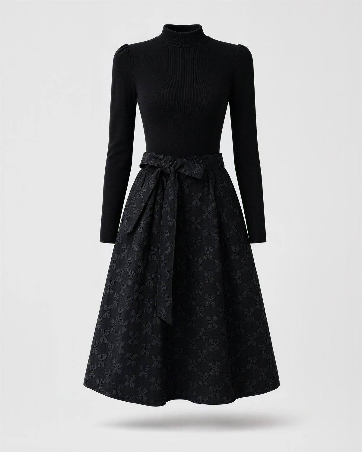 Grazia Knit Bodice Jacquard Tie Belt Midi Dress, black, product view without a model
