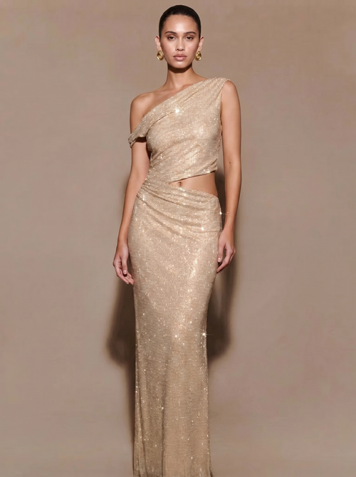 Crystal One Shoulder Mermaid Maxi Dress in Champagne — Svelte Chic