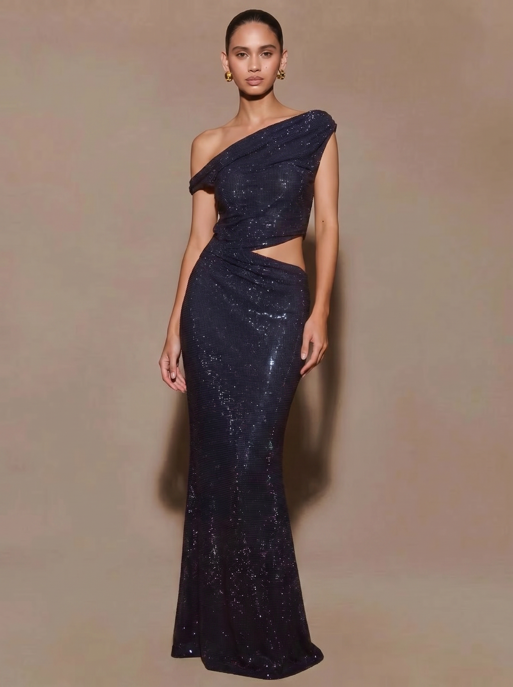 Crystal One Shoulder Mermaid Maxi Dress in Navy — Svelte Chic